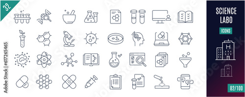 Collection Science line icons. Laboratory, molecule, data, equipment