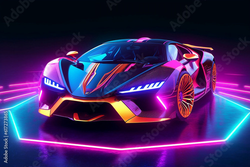 A futuristic car with a neon sign that says lamborghini 