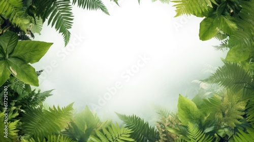 Fantasy landscape with tropical plants, copyspace background. AI generative image.