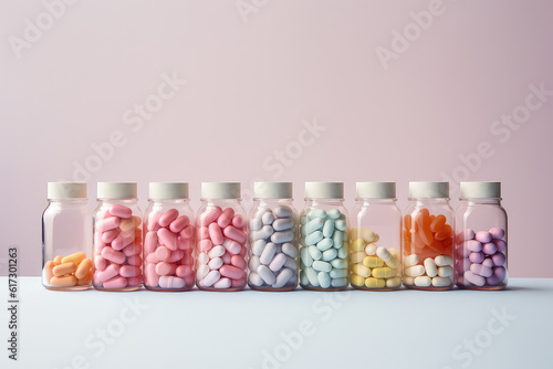Multicolored capsules and pills in percolated plastic vials stand in a row on a pastel background. Pastel colors palette. Generative AI 3d render illustration imitation.