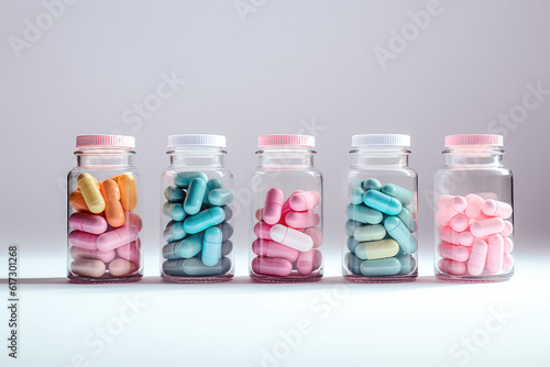 Multicolored capsules and pills in percolated plastic vials stand in a row on a grey background. Text space. Pastel colors palette. Generative AI 3d render illustration imitation.