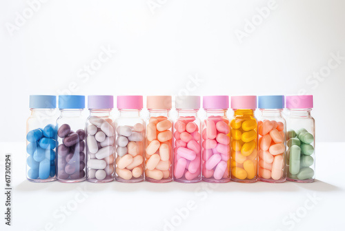 Multicolored capsules and pills in percolated plastic vials stand in a row isolated on a white background. Pastel colors palette. Generative AI 3d render illustration imitation.