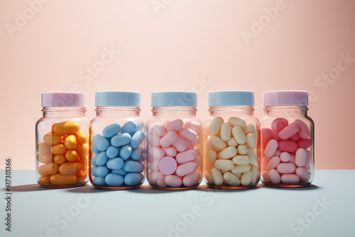 Multicolored capsules and pills in percolated plastic vials stand in a row on a pink background, copy space. Pastel colors palette. Generative AI 3d render illustration imitation.