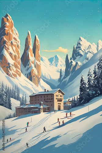 Italian Dolomites in winter ski poster art style Generative AI