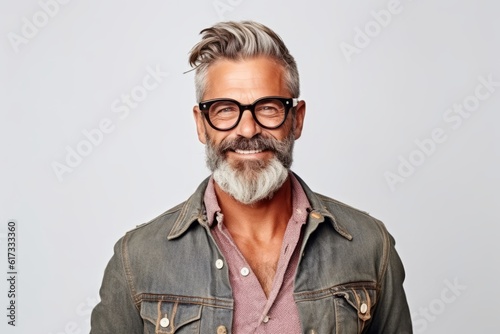 Portrait of a handsome mature man with gray hair and beard wearing eyeglasses