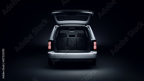 Huge, clean and empty car trunk in interior of compact suv. Rear view of a white SUV car with open trunk. Generative AI