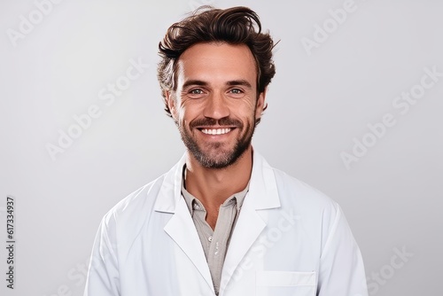 Portrait of a smiling doctor in white coat standing isolated over white background