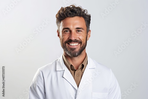 Portrait of a smiling male doctor standing isolated over white background.
