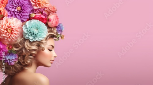 Beautiful woman with flowers in her hair. Fashion background with copyspace. AI generative image.