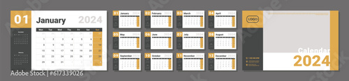 Set of 2024 Calendar Planner Template, and cover with Place for Photo, Company Logo. Vector layout of a wall or desk simple calendar with week start Monday in yellow and grey color for print