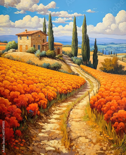 Watercolor autumn landscape, ripe harvest, houses and trees in Tuscany, on a cloudy day.