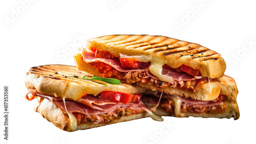 This image showcases a close-up view of a toasted sandwich on a plate, featuring several tasty ingredients such as meat, tomato, and cheese. 