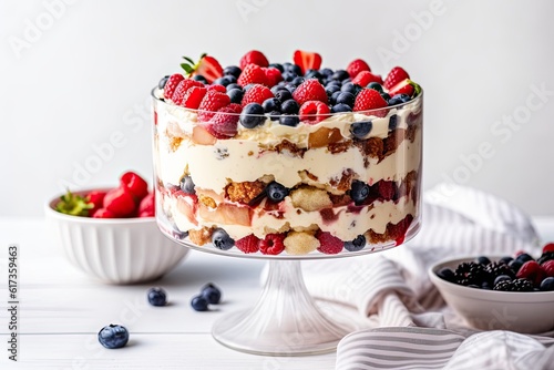 Patriotic festive trifle in big bowl with American flag for Independence Day. Summer layered dessert for 4 of July. Close up. Generative AI.