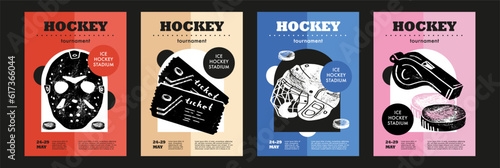 Template Sport Layout Design, ice hockey. Hockey league tournament poster vector illustration. Hand drawn engraving illustration mask, tickets, helmet, whistle, puck hockey pitch background.