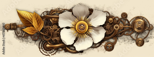 floral, vintage background, flover, products, enginer, generative, ai, steampunk, background, clockwork, brooch, jewelry, wight