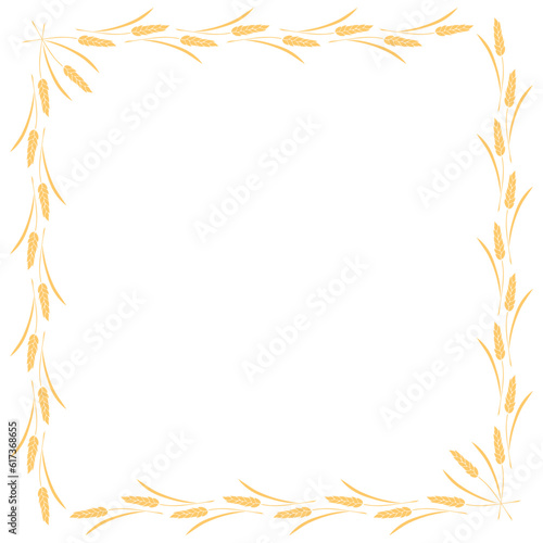 Square frame made of golden wheat or rye ears. Vector autumn border, backdrop hand drawn in flat style, isolated on white background