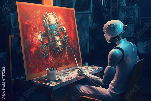 Human-shaped robot sits at an easel in art studio, painting a self portrait on canvas. Concept of computer generated art