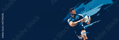 Close-up portrait of a rugby player with ball in action. Sports concept.