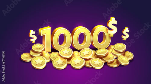 1000 dollar coupon gift voucher, cash back banner special offer, casino winner. Vector illustration