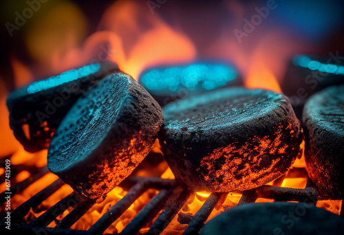 Charcoal briquettes on a garden grill. AI Generated