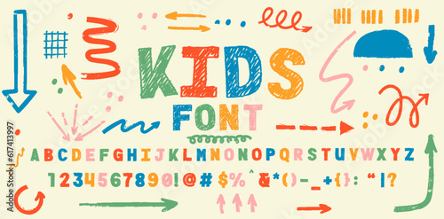 Playful style font design, childish alphabet letters and numbers