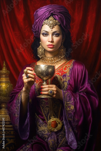 A woman dressed in purple and scarlet holding a golden cup Bible Revelation Generative AI Illustration