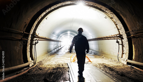 Underground tunnel construction with silhouette of walking worker. The way to the light at the end of the tunnel.