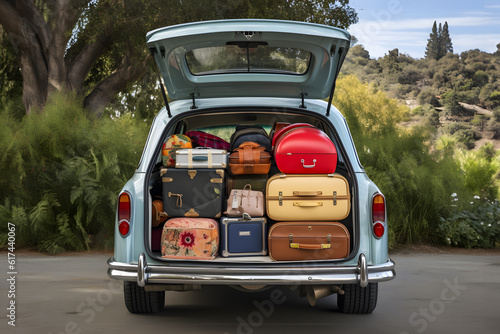 Old fashioned car trunk overloaded with suitcases and bags of different shapes. Family preparing for traveling for a vacation. 