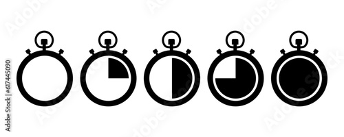 Set of timer icon. Stopwatch. Clock, time. Countdown. Set of icons with different time. Chronometer, timer sign. Flat illustration of stopwatch vector icon for web design. Vector illustration