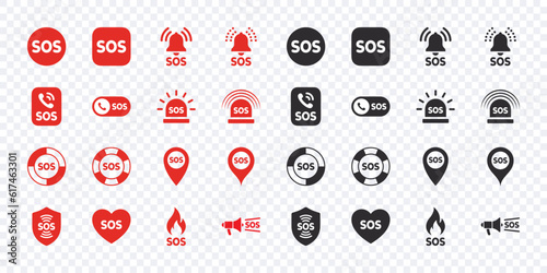 SOS Emergency icons set. Red and black SOS icons. Vector scalable graphics