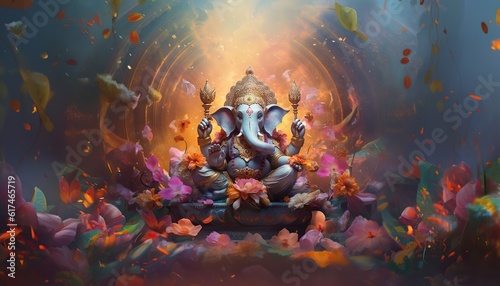 Generative AI illustration of Ganesha Hindu God, with flowers, oil painting taken up into heaven, sitting in front of bokeh mandala background