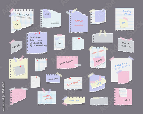 Paper sticky notes, memo messages, notepads and torn paper sheets. Blank notepaper of meeting reminder, to do list and office notice or information board with appointment notes. Vector eps 10