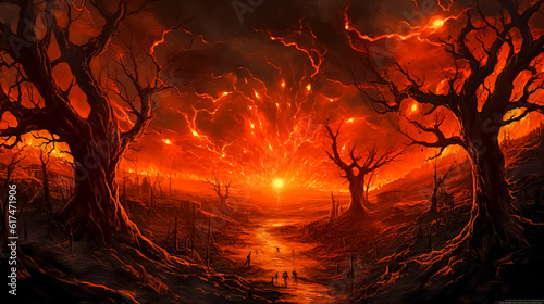 red fire hell in the mysterious haunted forest, copy space, made with Generative AI