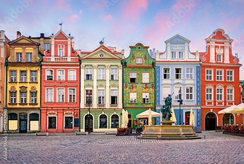 Colorful renaissance facades on the central market square, Poznan, Poland