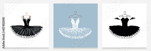 Beautiful black and white tutu on a hanger. Set of vector illustration isolated on white background to decorate a flyer, poster, invitation or social networks.