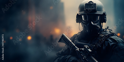 Soldier with gun looking in the camera - close perspective - Blurry background battelfield