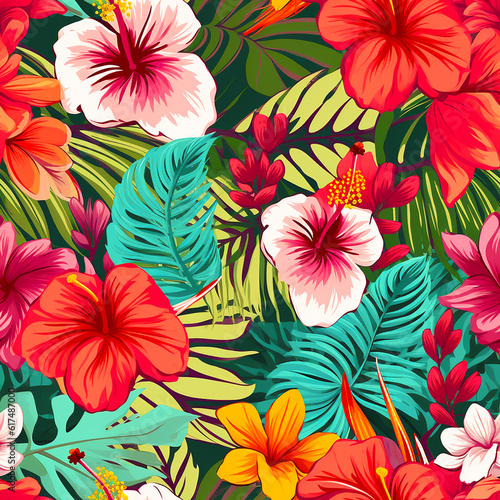 Seamless tropical floral pattern with bright flowers and exotic leaves