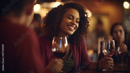 Happy african american woman drinking red wine at bar restaurant - Multiracial friends having fun celebrating at dinner time toasting drinks - Friendship