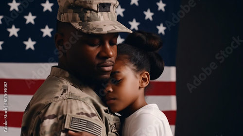Happy african american father wearing military uniform and his daughter embracing, holding usa flag