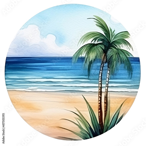 Beach, watercolor, stamp, travel, illustration, vintage, card, design, symbol, sea, Elements, Generative AI