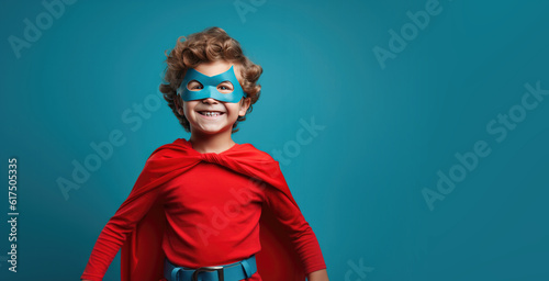 Cute Young Boy Dressed as a Superhero for Halloween on an Blue Banner with Space for Copy
