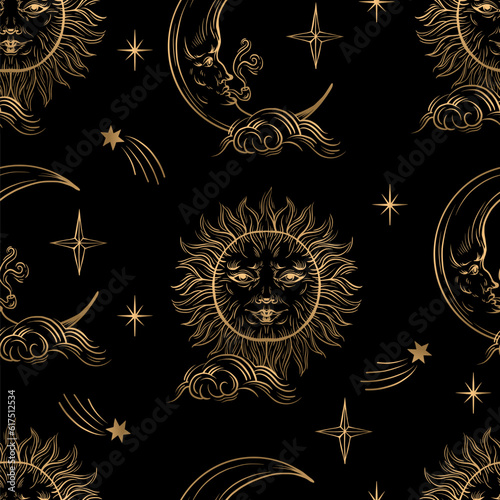 Seamless pattern with golden graphic sun and moon. Vector.
