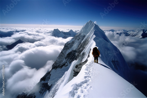 A climbing expedition on Mount Everest pauses to take in the breathtaking view of the surrounding peaks