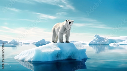 Polar bear on ice floe. Melting iceberg and global warming. Climate change, melting of glaciers and Arctic ice, the consequences of these processes for the planet and its ecosystems