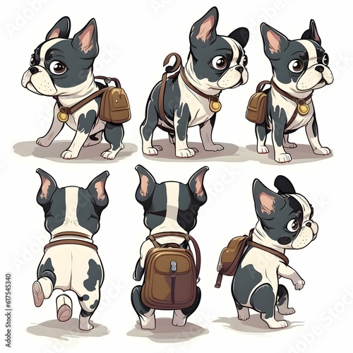 boston terrier character multiple poses and expressions children book wearing a small hiking backpack no outline 