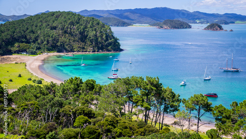 View of Bay of Islands, North Island, New Zealand from viewpoint, a popular tourist attraction with turqoise waters reached only by boat