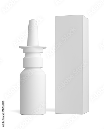 Spray nasal plastic bottle and tall white paper box for medical packaging mock up. 3D illustration