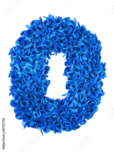 Zero. Handmade number 0 from blue crepe paper isolated on white background. Set of numbers from scraps of paper