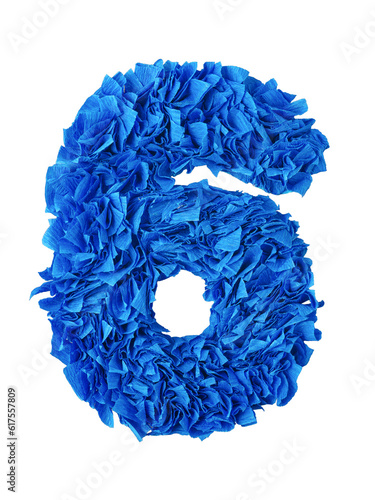 Six. Handmade number 6 from blue crepe paper isolated on white background. Set of numbers from scraps of paper