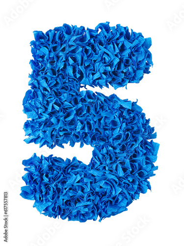 Five. Handmade number 5 from blue crepe paper isolated on white background. Set of numbers from scraps of paper